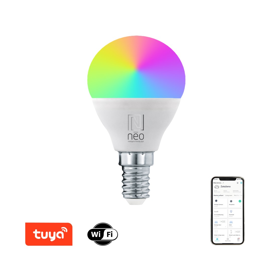 Immax NEO Smart LED bulb E14 6W RGB + CCT color and white, dimmable, WiFi, P45 IMMAX.cz