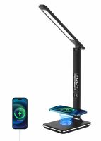 Immax KINGFISHER Qi czarna lampa stołowa LED z bezprzewodowym ładowaniem Qi i USB