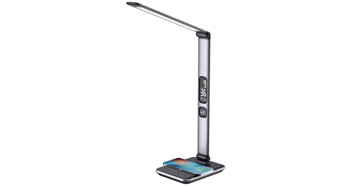 LED Desk Lamp with Wireless Charger, Table Lamp with Clock w/ Alarm, Date,  Temp